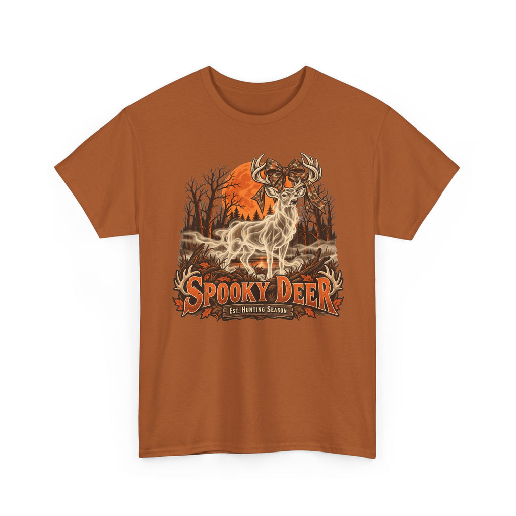 Rust brown T-shirt with orange ghost deer hunting graphic on chest