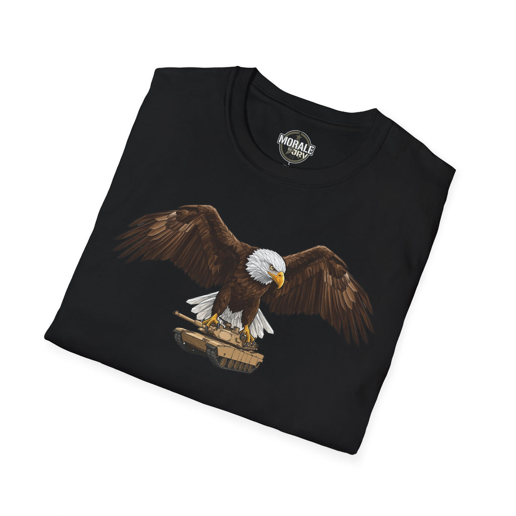 Black T-shirt with bald eagle over military tank patriotic design