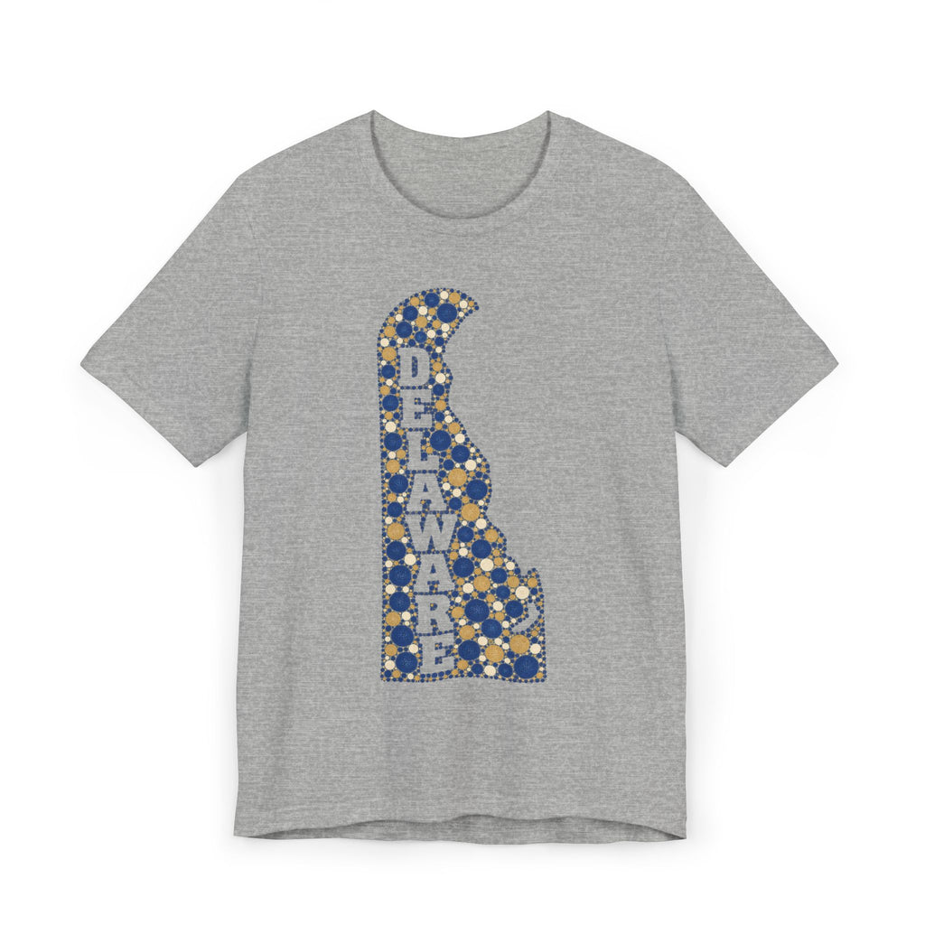 Heather gray Delaware state silhouette t-shirt with blue and gold patterned Delaware map graphic