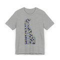 Heather gray Delaware state silhouette t-shirt with blue and gold patterned Delaware map graphic