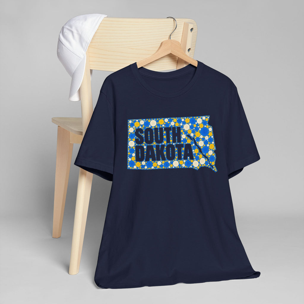 Navy crew-neck T-shirt with blue-and-yellow South Dakota polka-dot map graphic on front