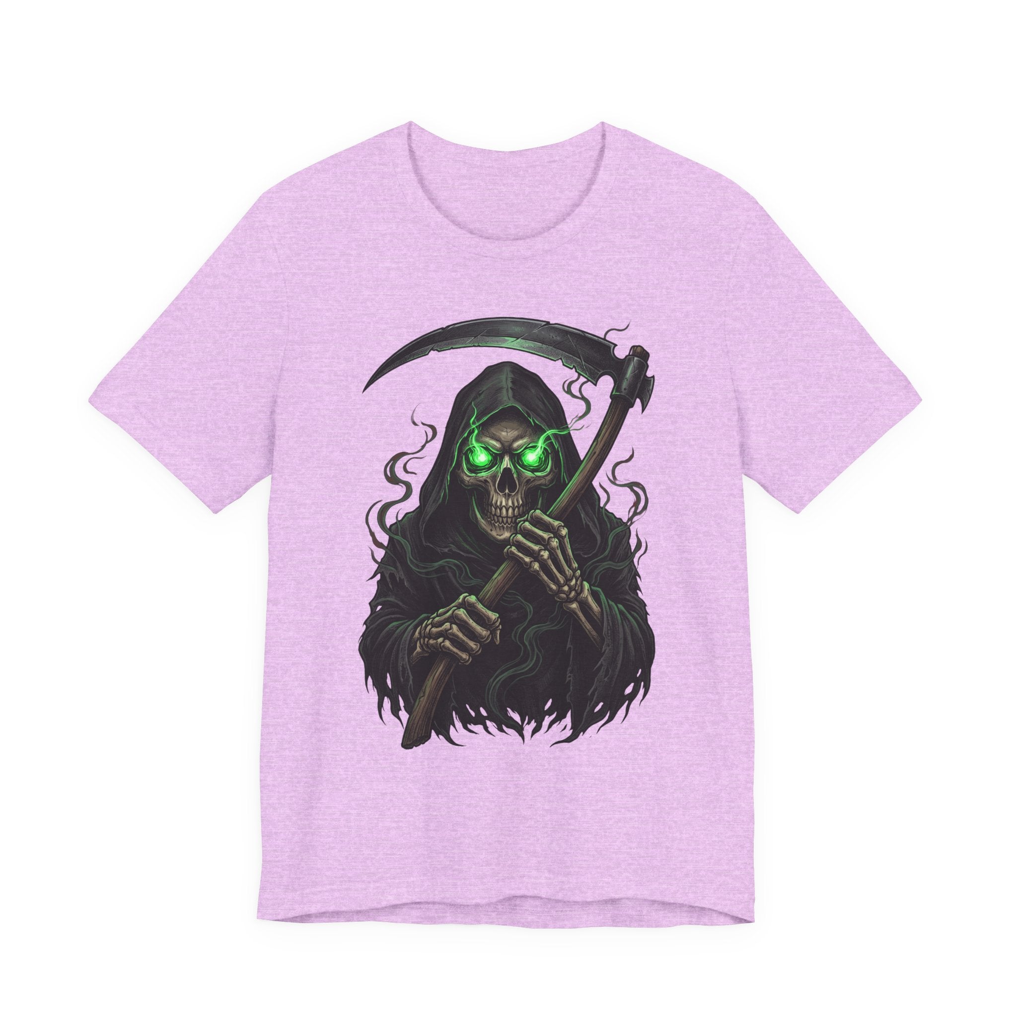 Heather lilac unisex T-shirt with glowing green skull and scythe front print