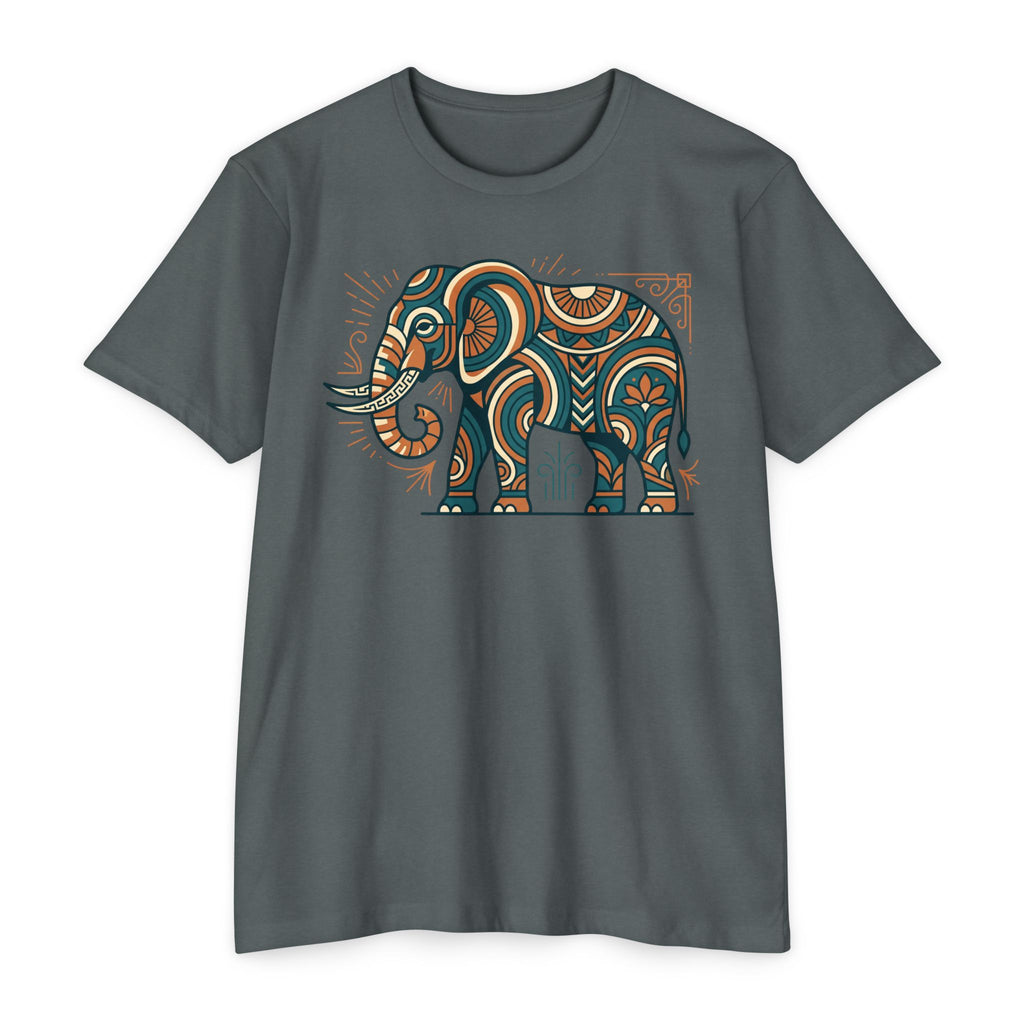 Dark gray T-shirt with colorful elephant graphic on the chest, crew neck, short sleeves.