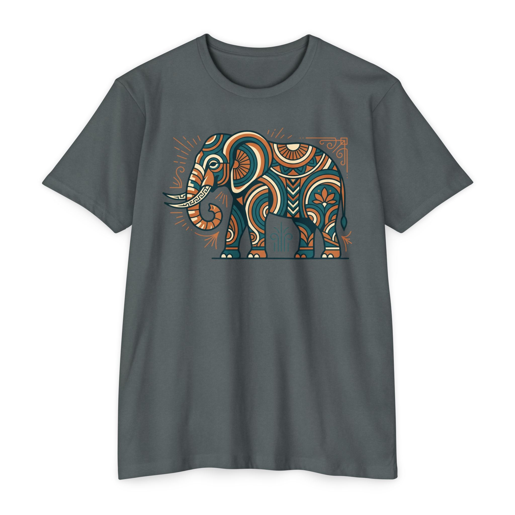 Dark gray T-shirt with colorful elephant graphic on the chest, crew neck, short sleeves.