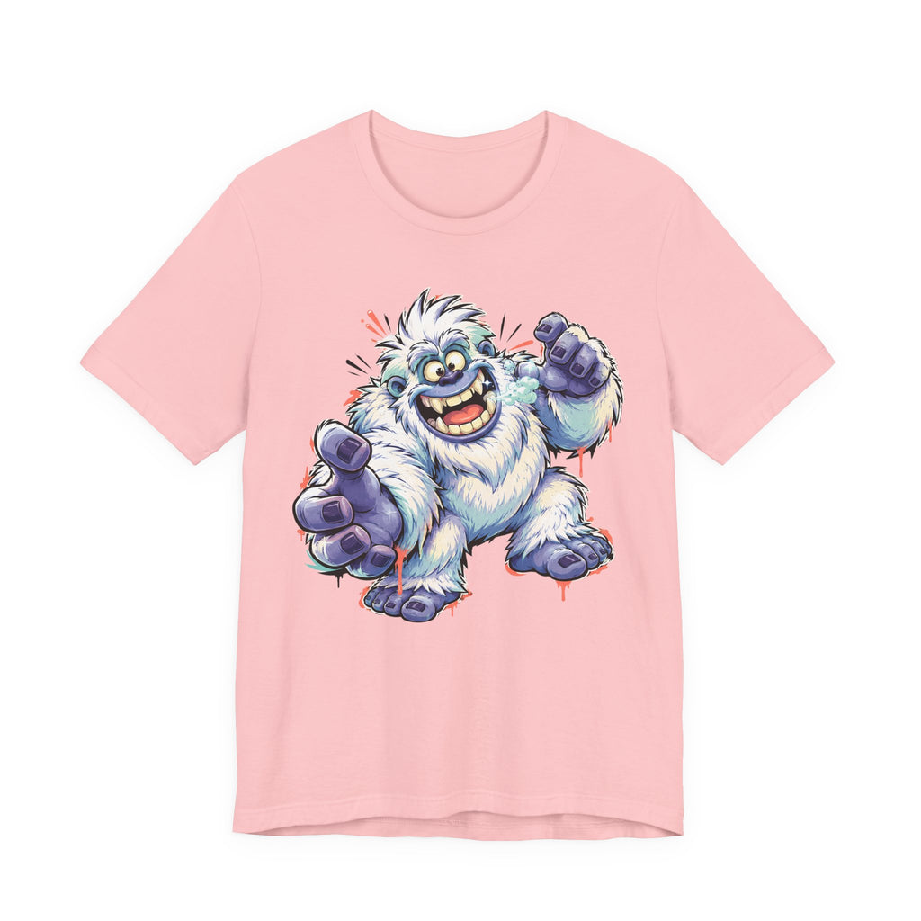 Pink T-shirt with cartoon yeti monster graphic, roaring and holding blue-fisted fists