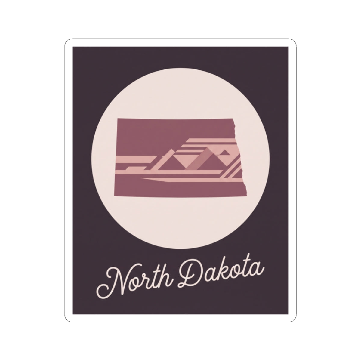 North Dakota square kiss-cut decal with cursive “North Dakota” under maroon state artwork