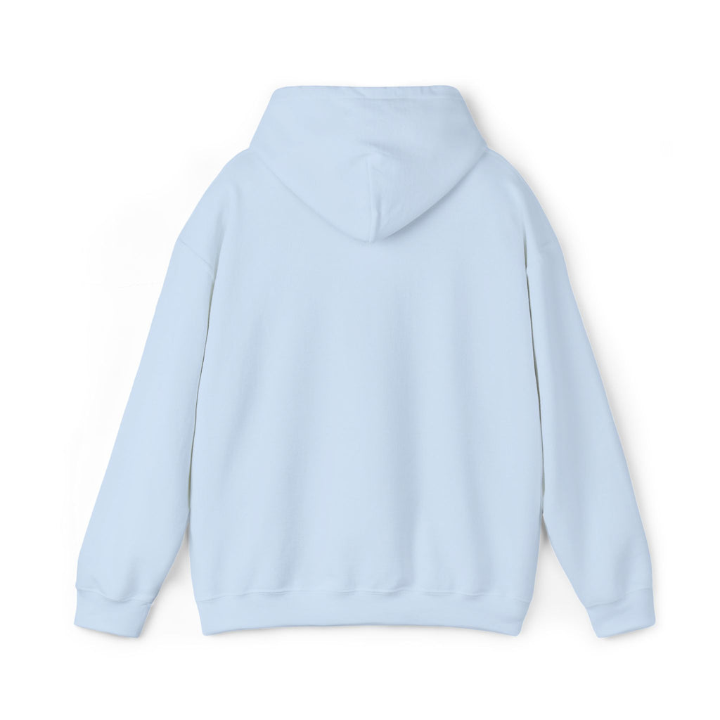 Light blue pullover hoodie with hood and front pouch pocket