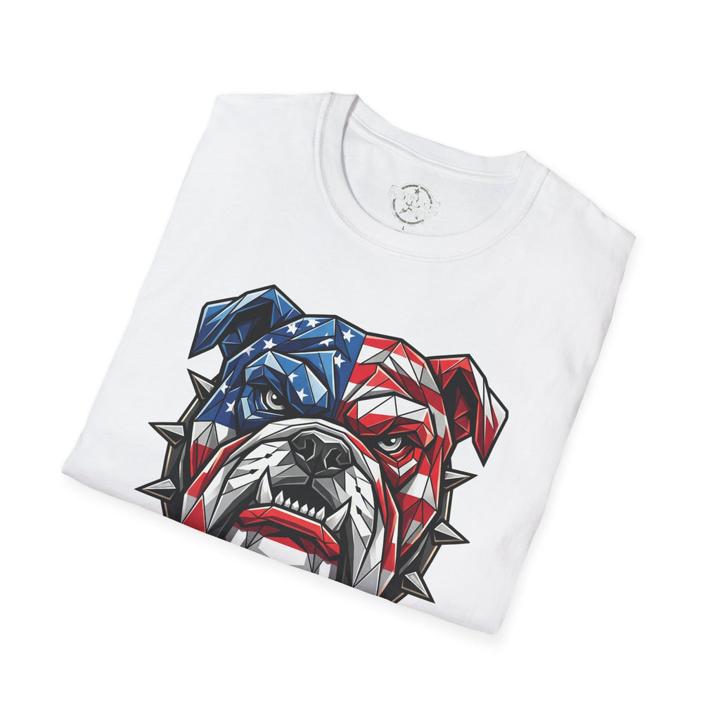 T-shirt bianca con bulldog in grafica bandiera USA blu e rossa
