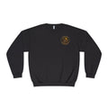 Black crewneck sweatshirt with small front patch emblem