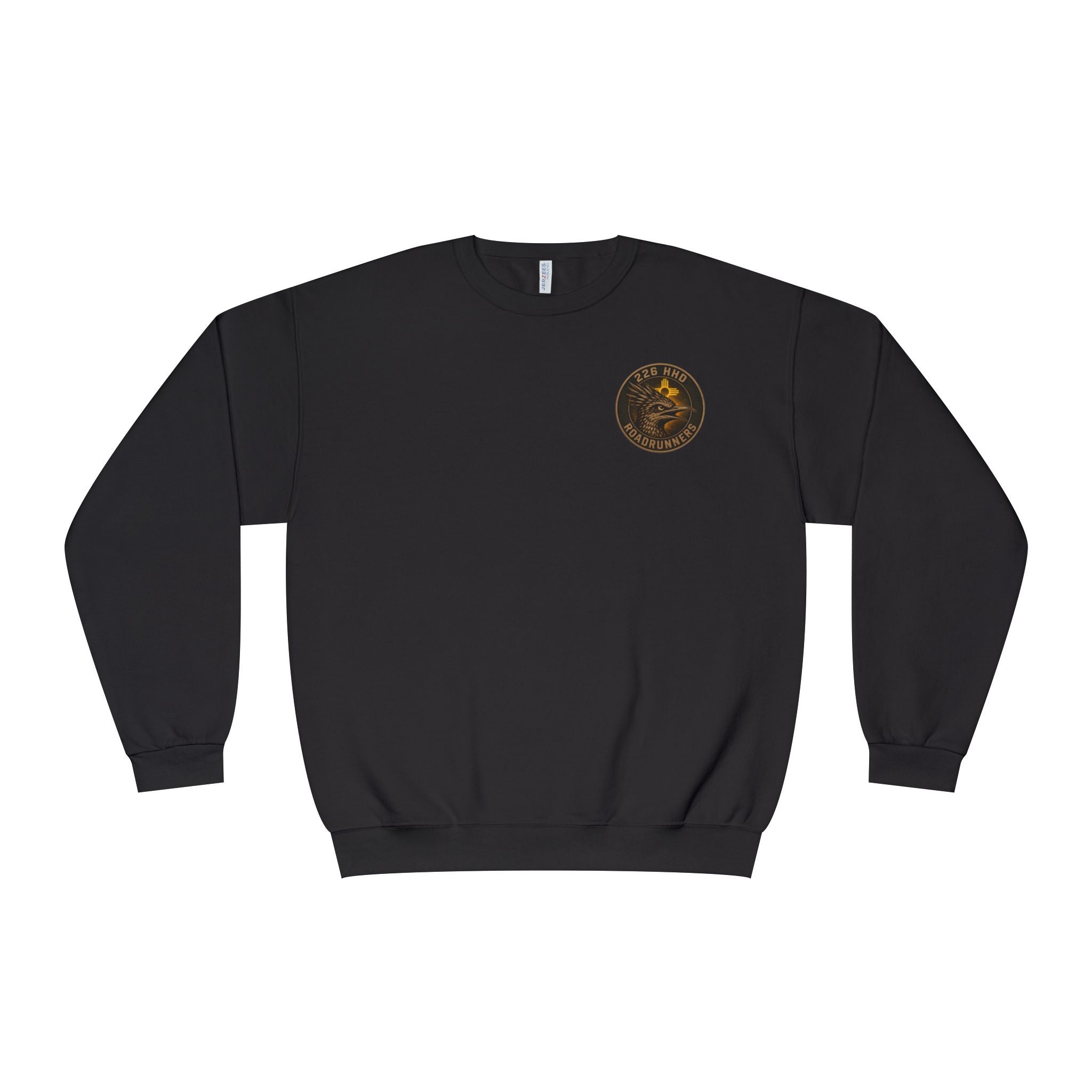 Black crewneck sweatshirt with small front patch emblem