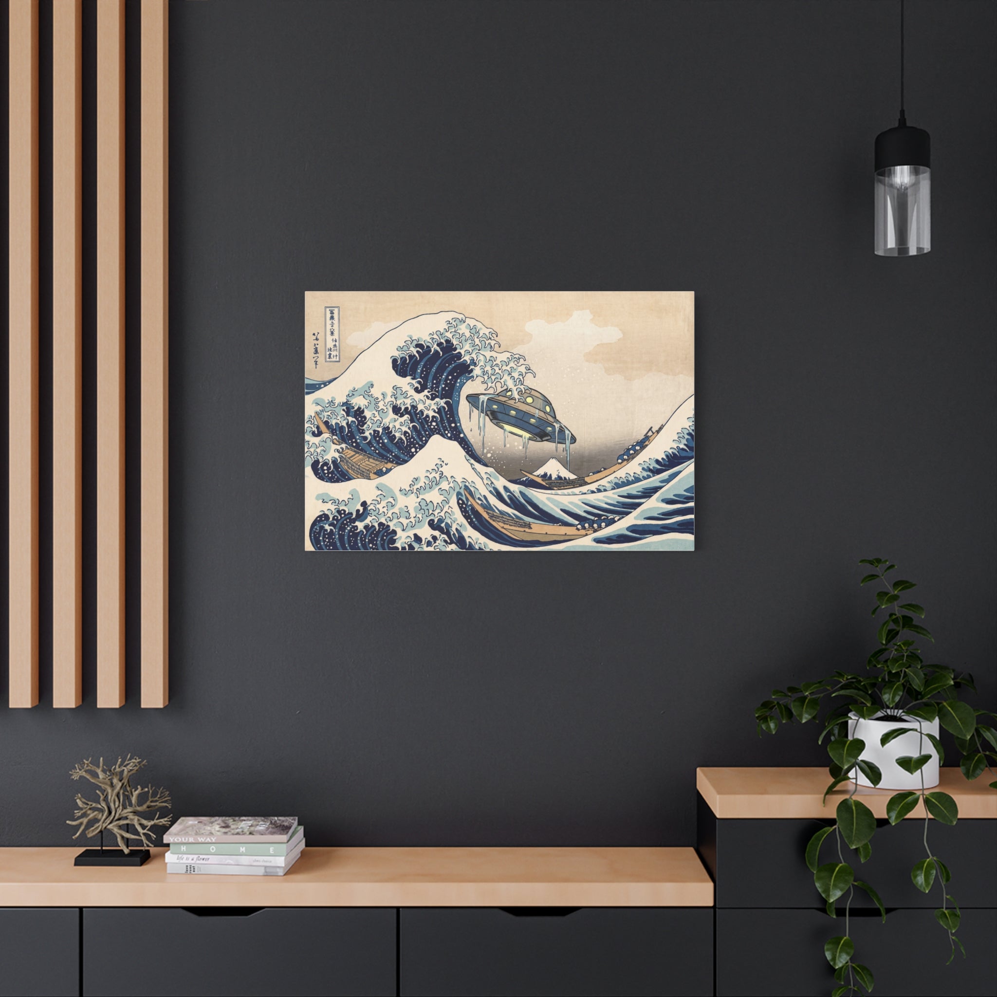 Stretched canvas wall art with centered blue wave crest and UFO scene on beige