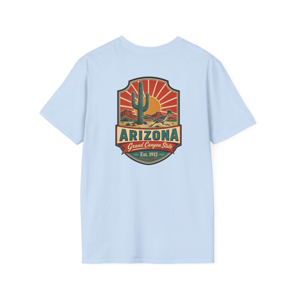 Light blue t-shirt with Arizona desert badge logo and cactus graphic