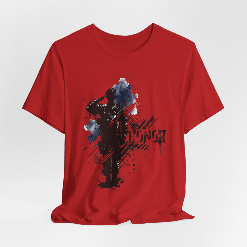 Red crewneck T-shirt with soldier silhouette splatter graphic on chest.