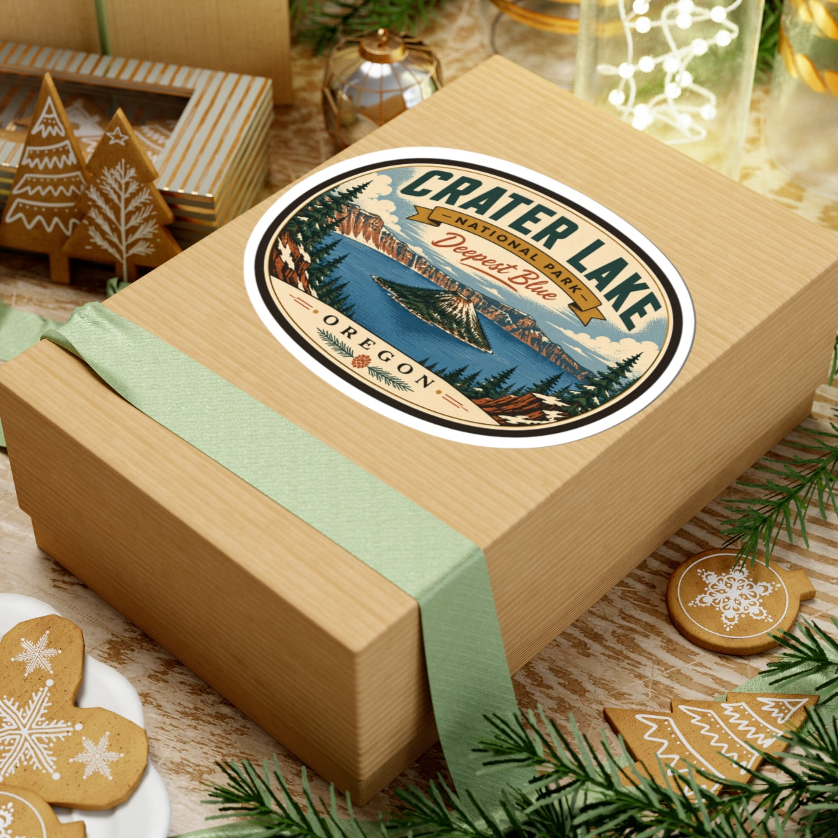 Round travel sticker on wrapped gift box with green ribbon; Crater Lake and “Oregon” text.