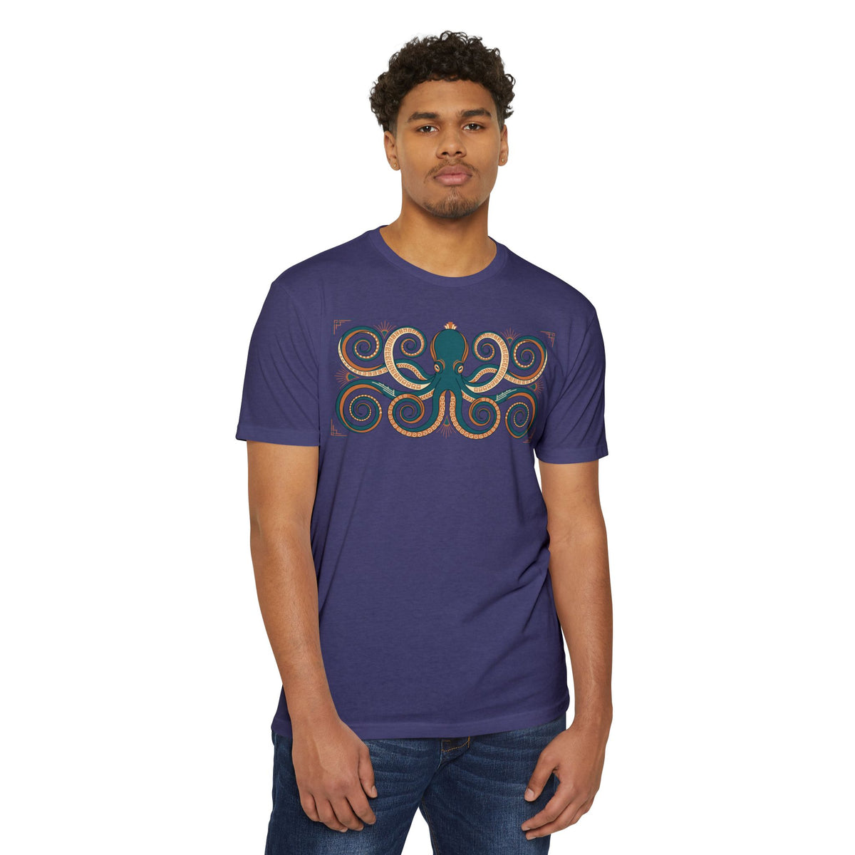 Purple short-sleeve crewneck T-shirt with octopus swirl graphic on the chest