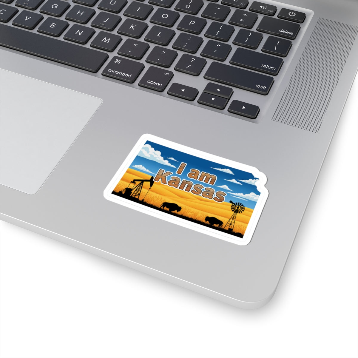 I am Kansas sticker with white border, blue landscape windmill and bison with text