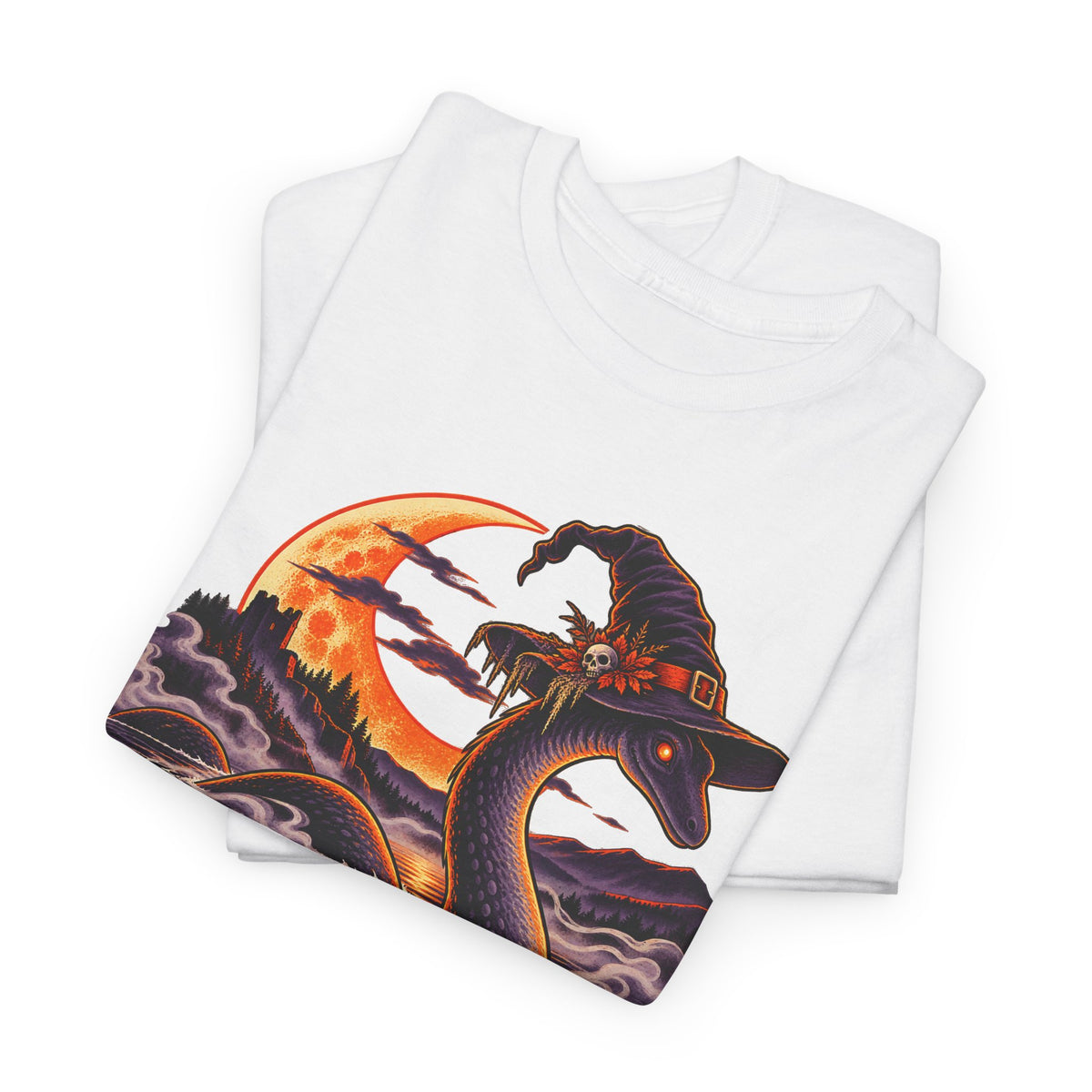 White t-shirt with Nessie in witch hat and moonlit lake graphic, folded view