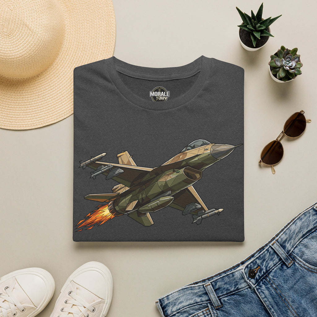 Dark gray fighter jet graphic T-shirt with camo aircraft and orange flame trail