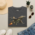 Dark gray fighter jet graphic T-shirt with camo aircraft and orange flame trail
