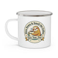 Enamel camping mug with white body, metal rim, and sloth graphic on front