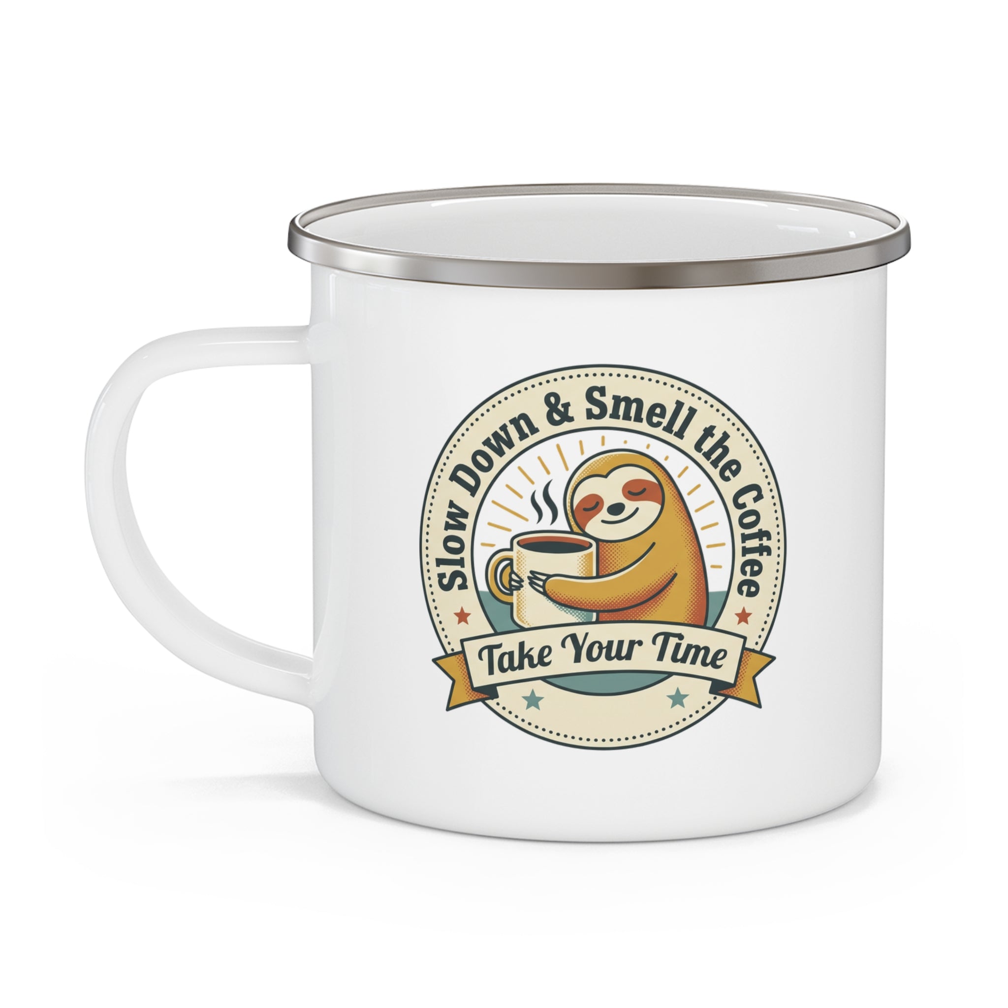 Enamel camping mug with white body, metal rim, and sloth graphic on front