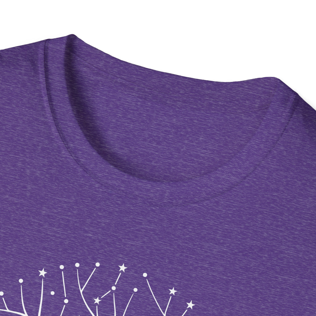 Purple T-shirt neckline close-up with white starry tree roots graphic edge