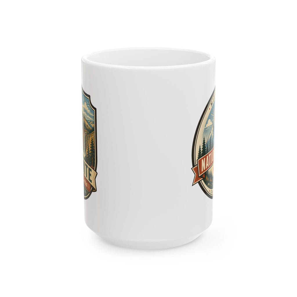 Ceramic mug with partial Yosemite crest graphic on white cup