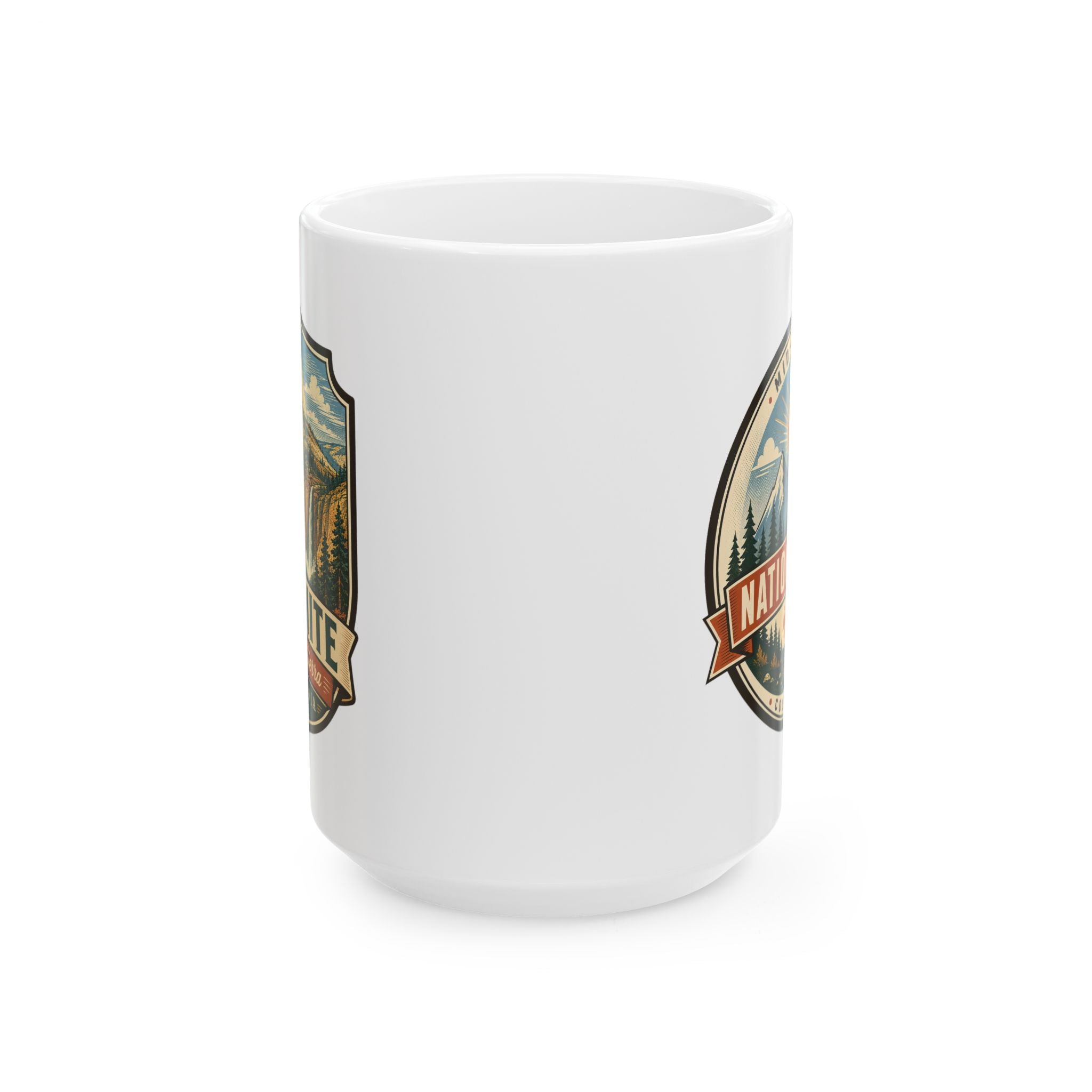 Ceramic mug with partial Yosemite crest graphic on white cup