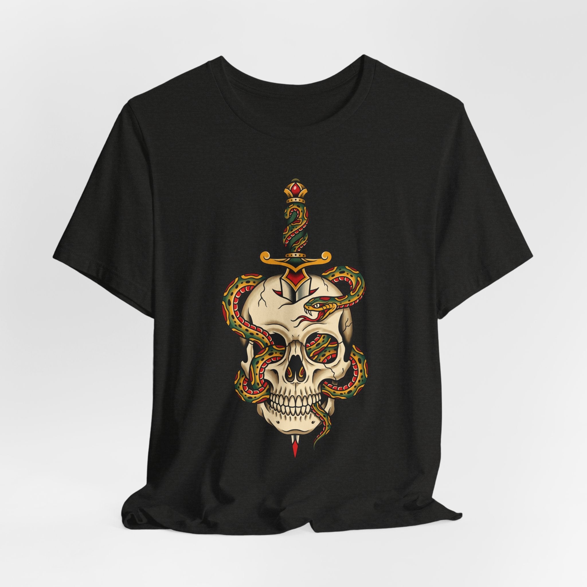 Black T-shirt with large colorful snake skull and dagger graphic on front