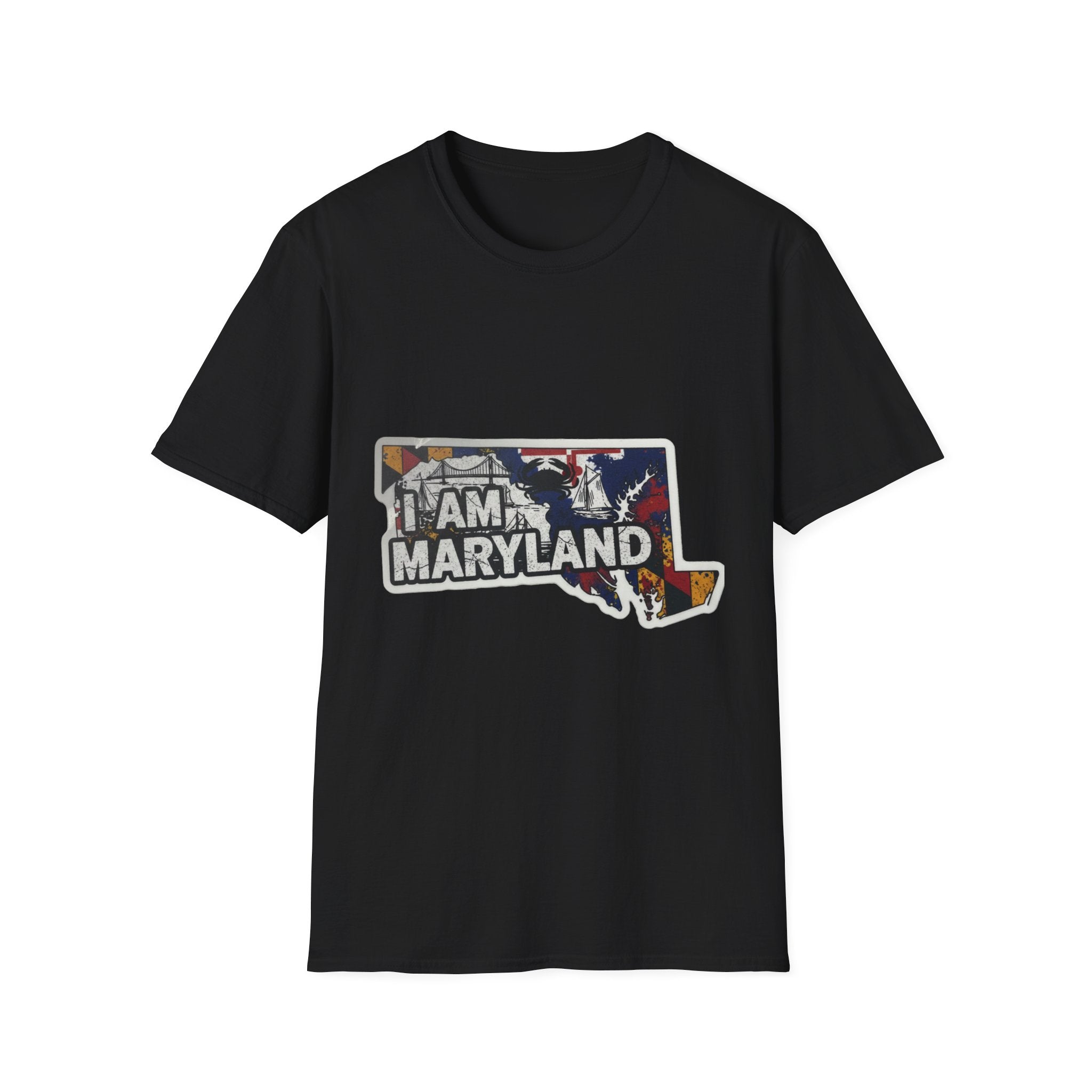 Black crewneck T-shirt with Maryland graphic collage front