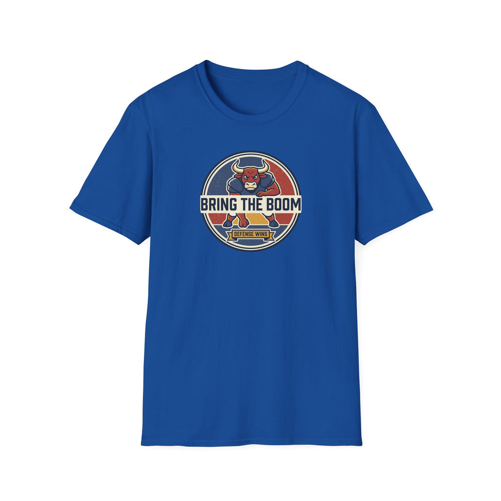 Royal blue crew-neck T-shirt with round bull mascot graphic on the chest