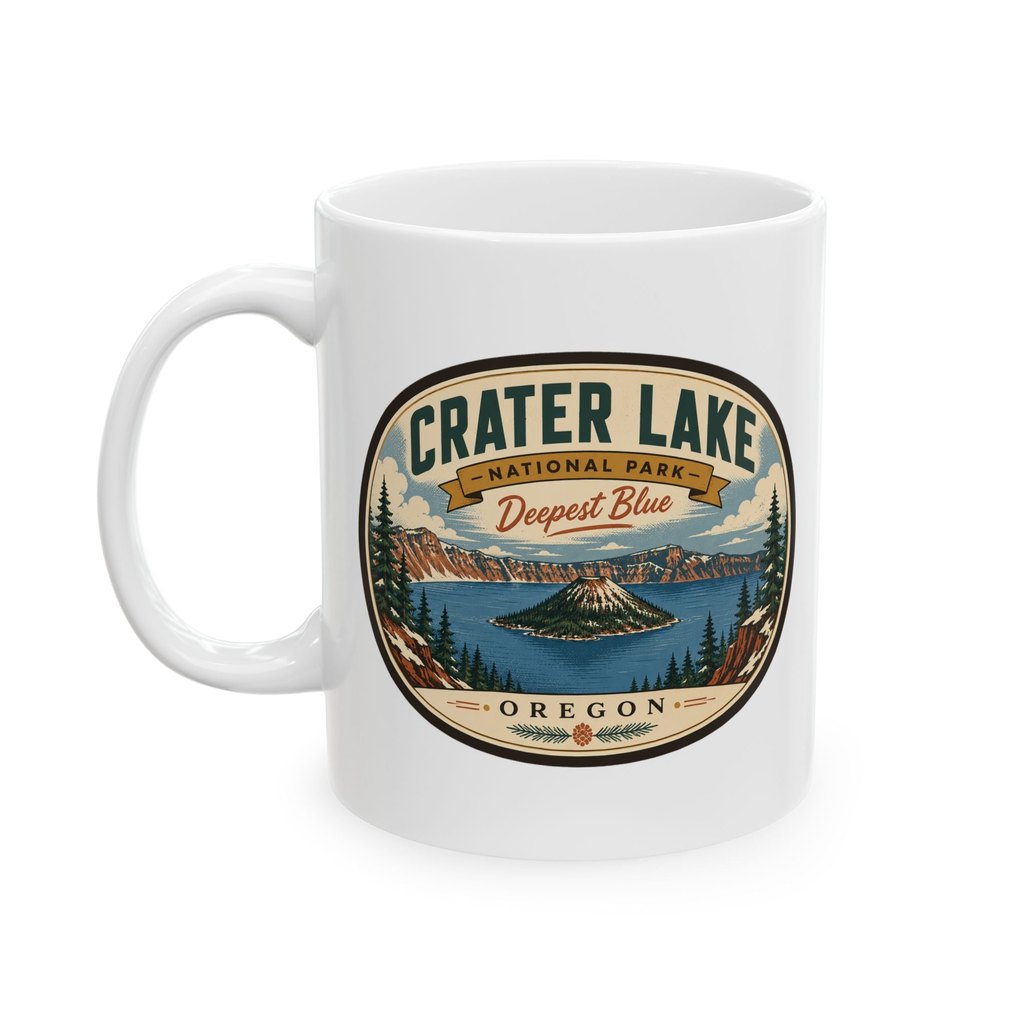 White ceramic mug with Crater Lake National Park scenic logo on front