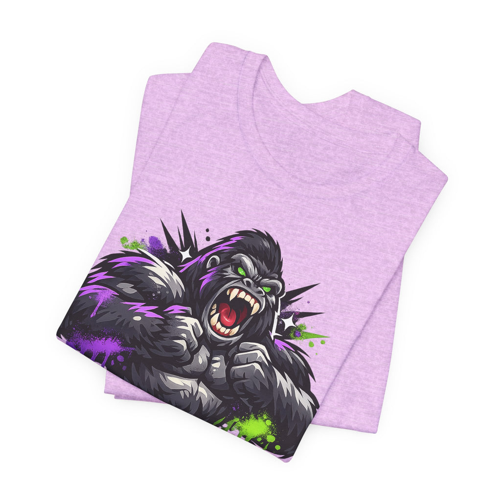 Lavender heather graphic gorilla roar T-shirt with neon purple and green ink