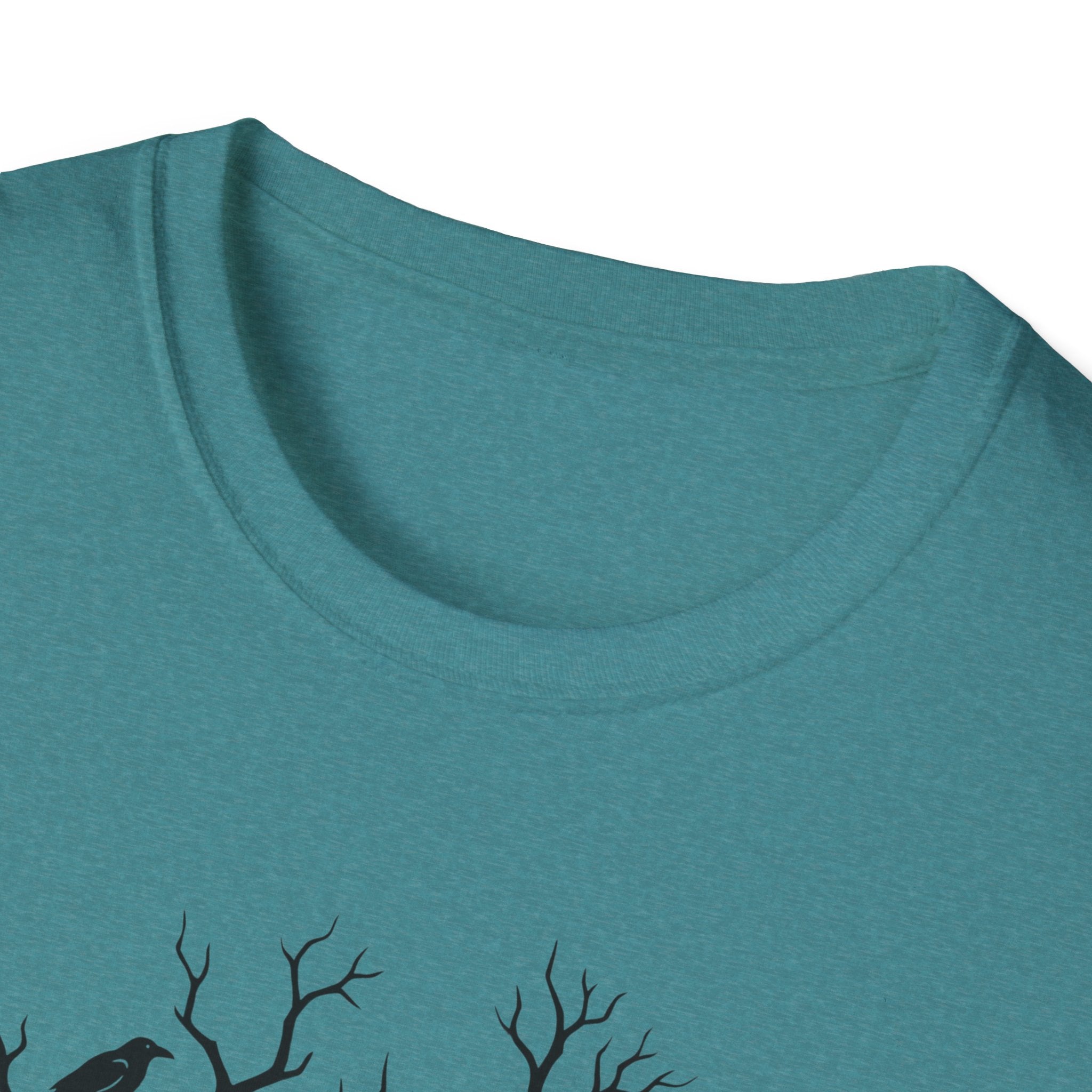 Teal crew-neck T-shirt collar with small bare-branch graphic detail