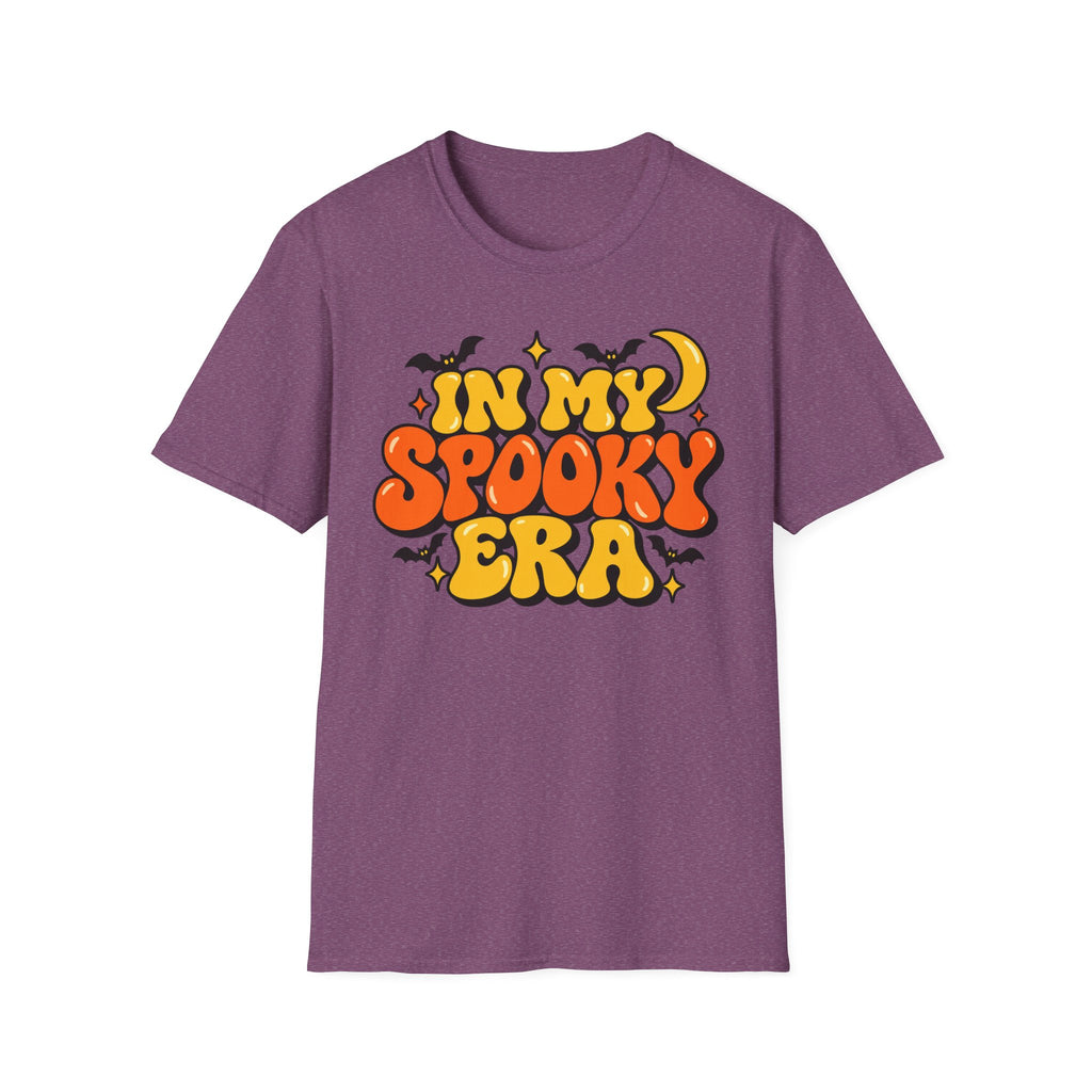 Purple Halloween T-shirt with “In My Spooky Era” retro bubble letter graphic