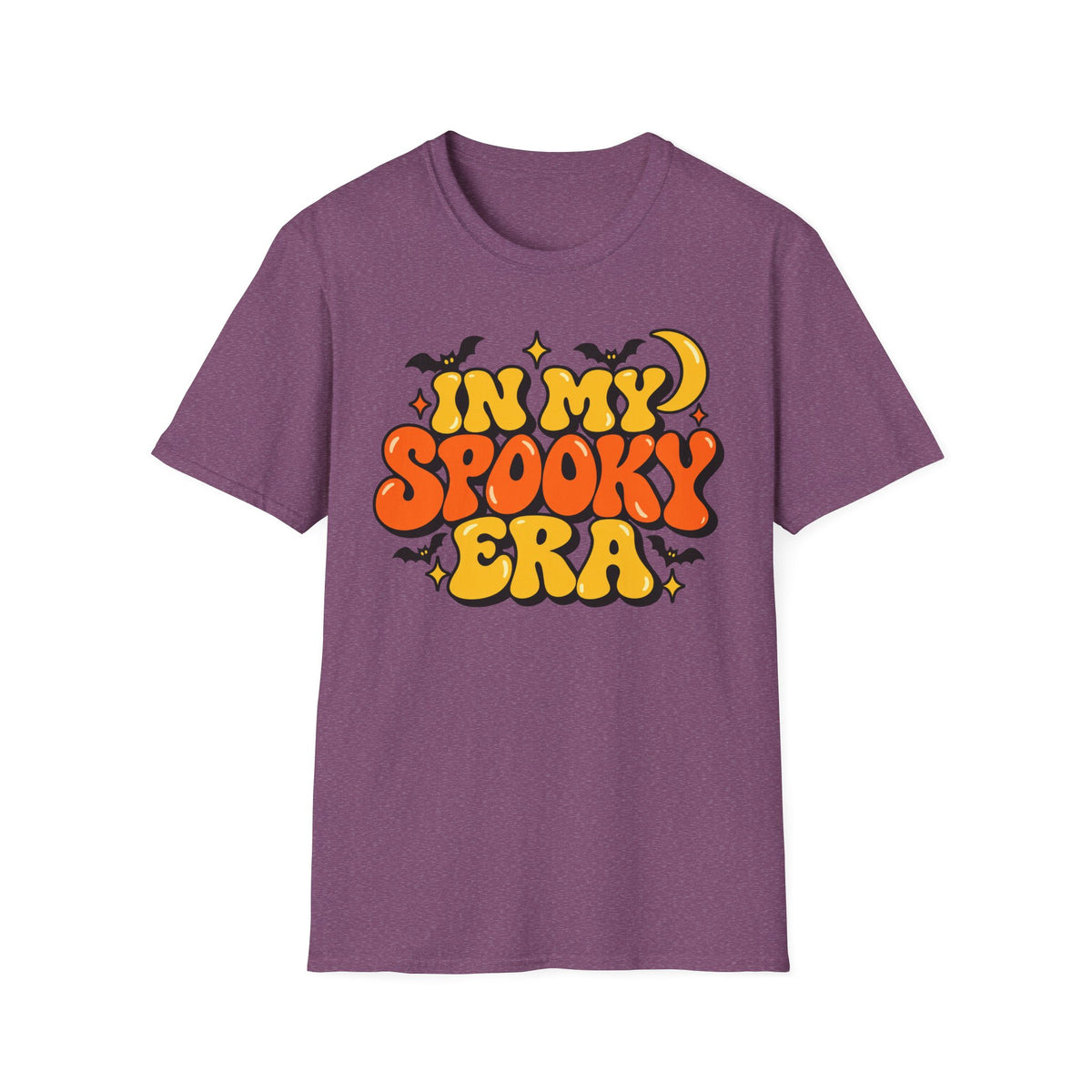 Purple Halloween T-shirt with “In My Spooky Era” retro bubble letter graphic