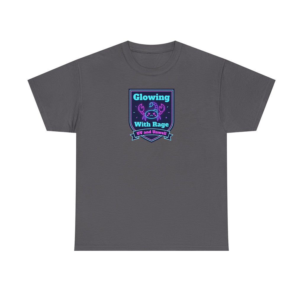 Charcoal crewneck tee with glowing neon shield graphic on chest