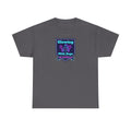 Charcoal crewneck tee with glowing neon shield graphic on chest