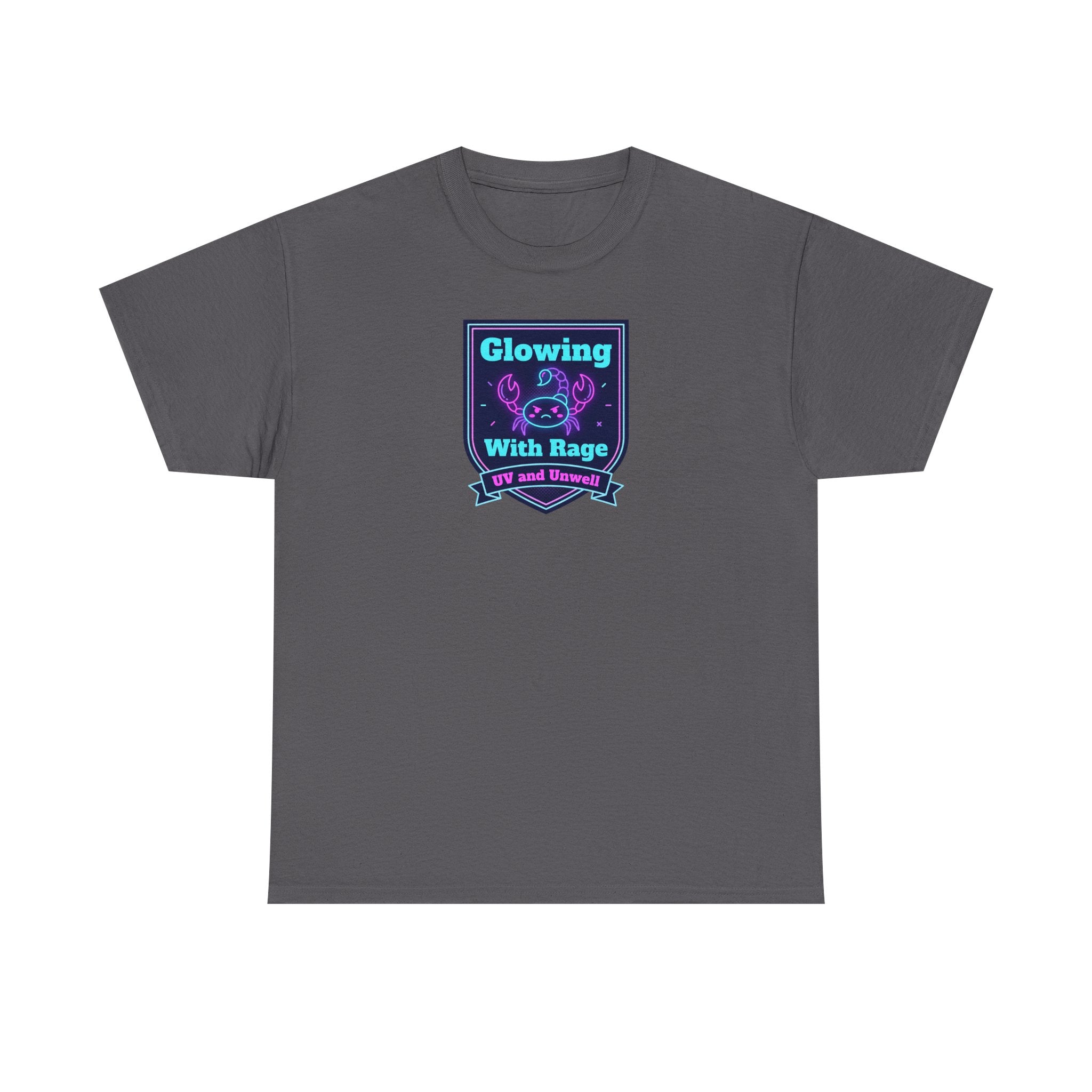 Charcoal crewneck tee with glowing neon shield graphic on chest