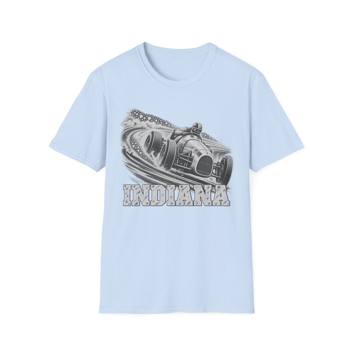 Light blue T-shirt with vintage open-wheel race car and Indiana graphic on chest
