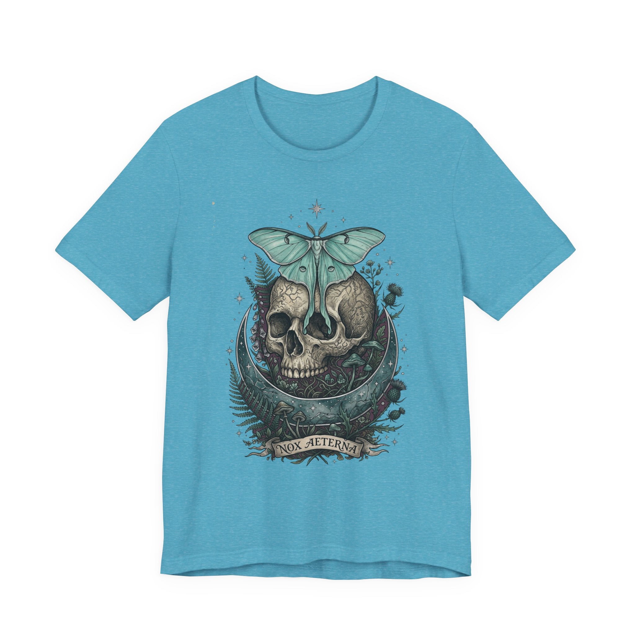 Heather aqua unisex T-shirt with teal moth-and-skull graphic on chest