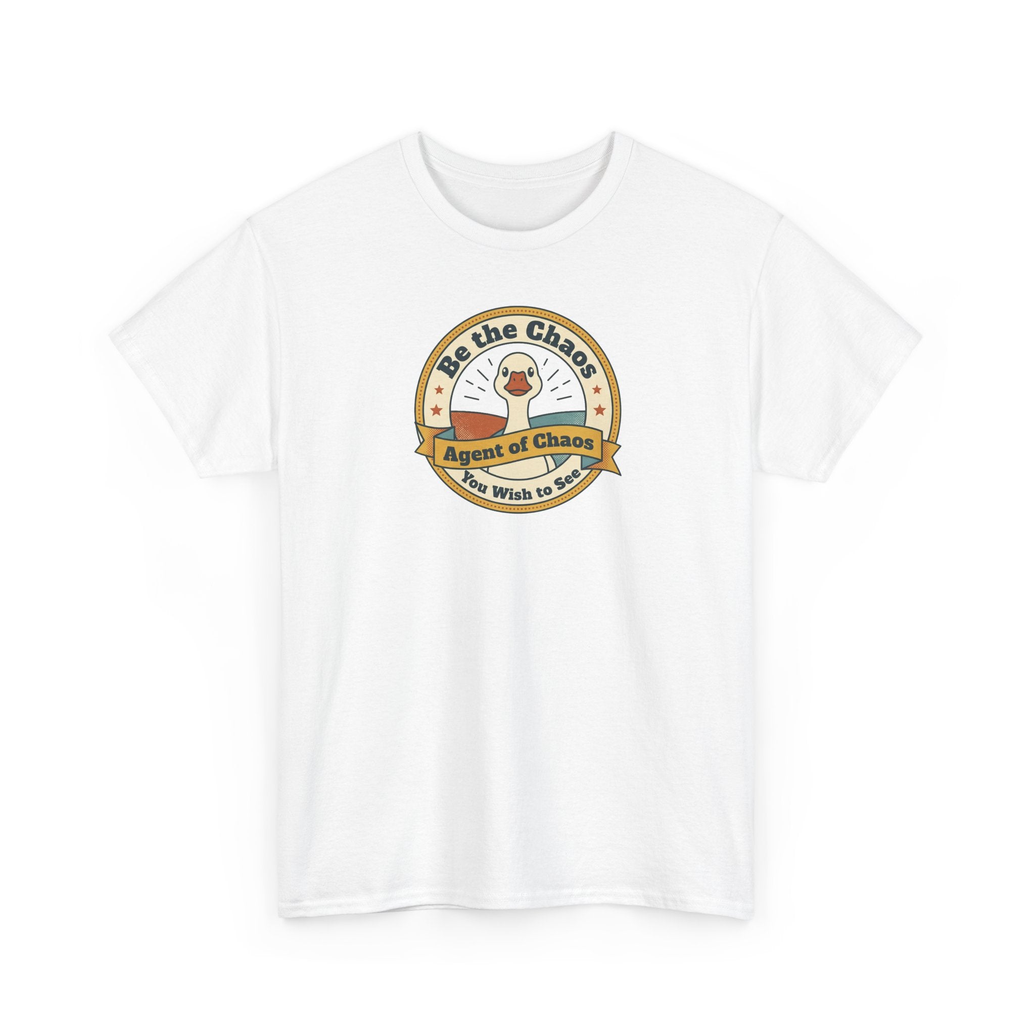 White T-shirt with circular duck emblem graphic on the chest