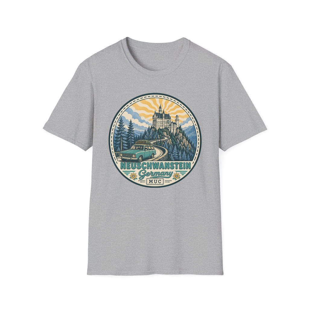 Light gray crewneck T-shirt featuring a circular illustrated castle graphic