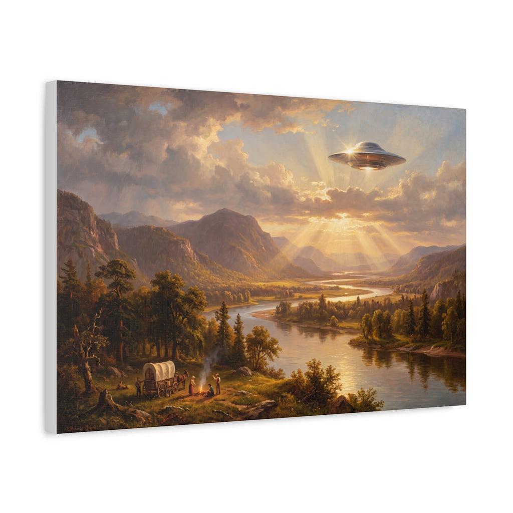 UFO pastoral river landscape canvas print with mountains, trees, and golden sunset glow