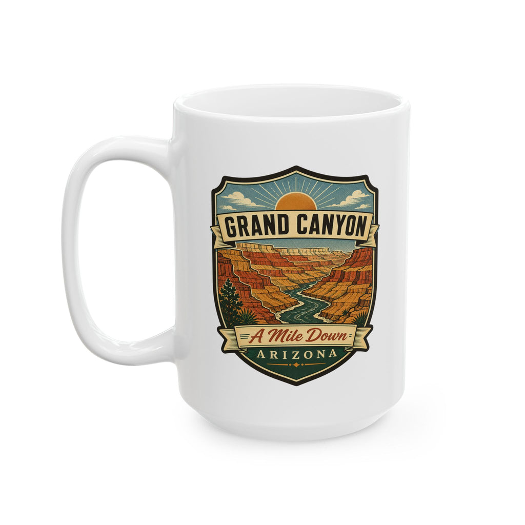 White ceramic mug with handle and Grand Canyon "A Mile Down" Arizona shield