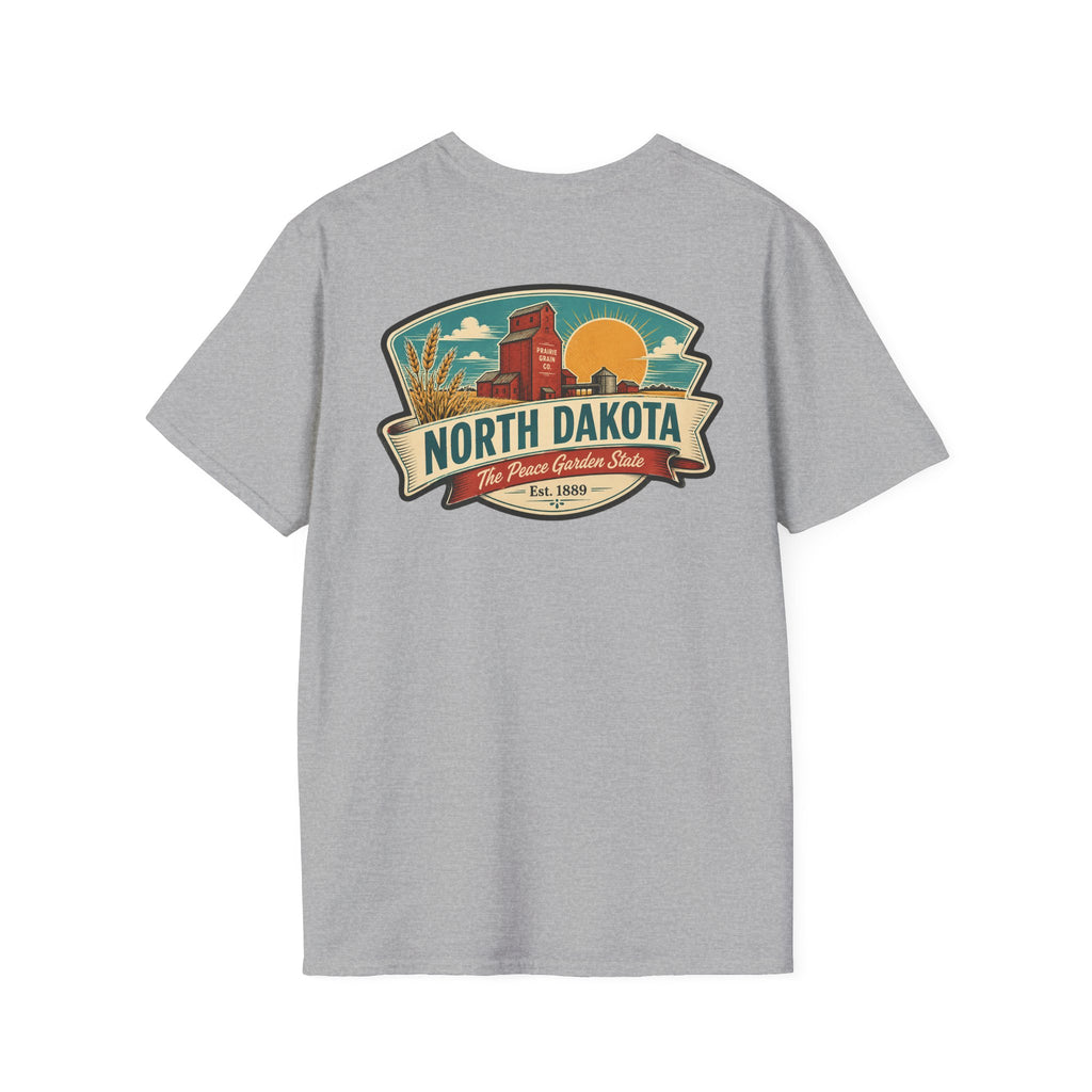 Light gray T-shirt with North Dakota logo graphic on the chest