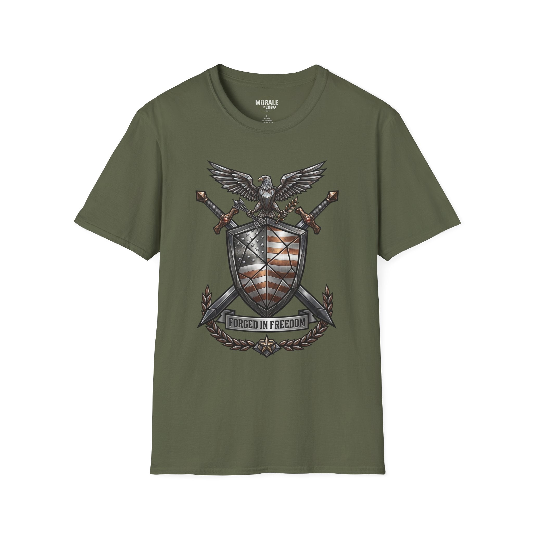 Militärgrüne T‑Shirt mit Adler‑Shield, gekreuzten Schwertern und Lorbeerwappen