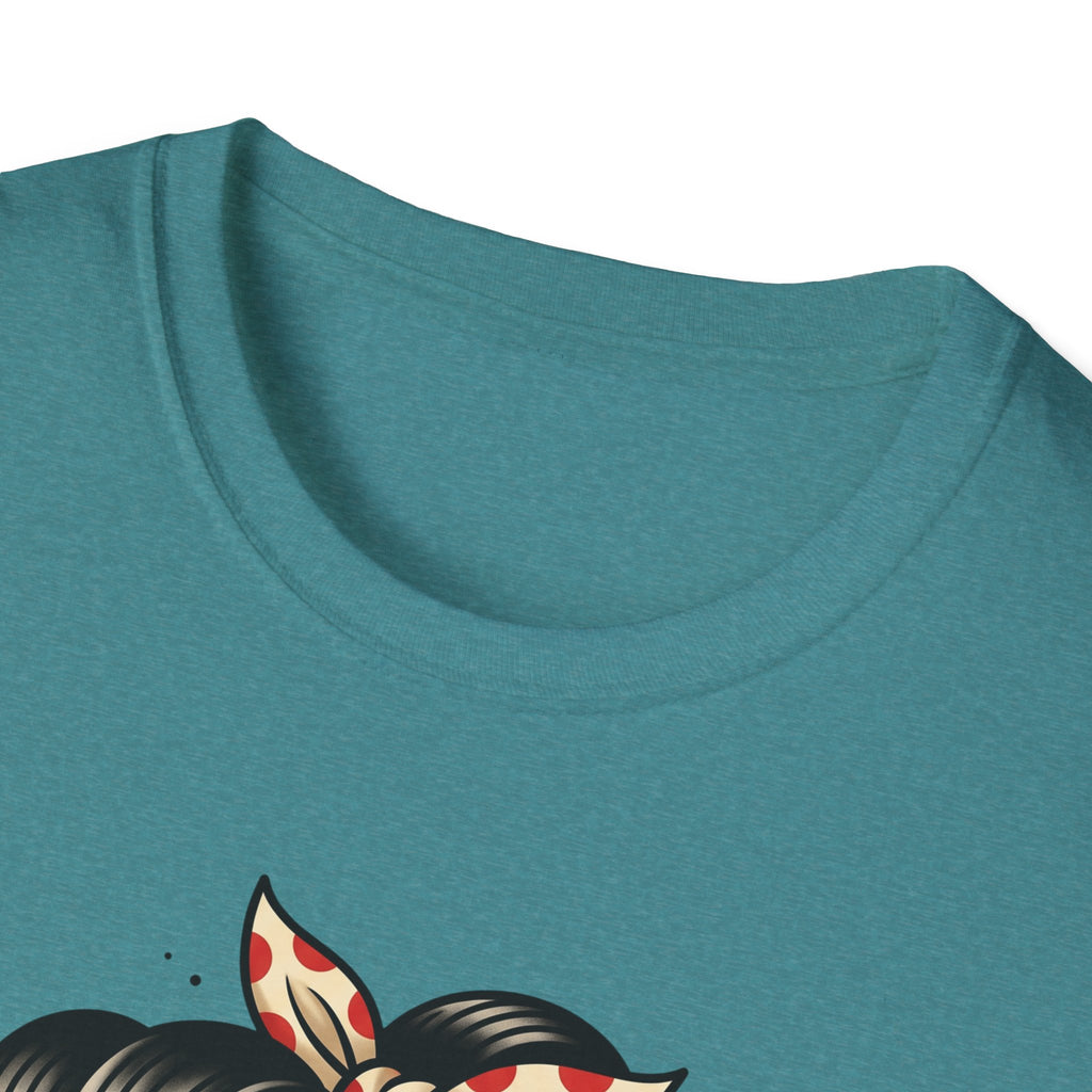 Teal T-shirt crew neck close-up with partial sugar skull pinup hair print