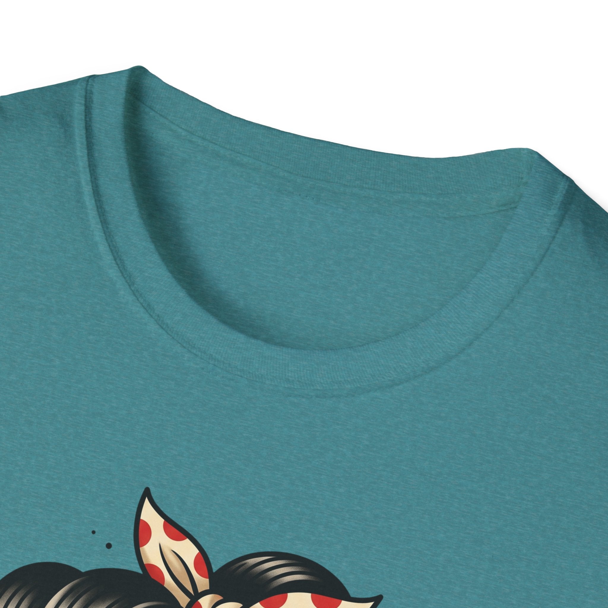 Teal T-shirt crew neck close-up with partial sugar skull pinup hair print