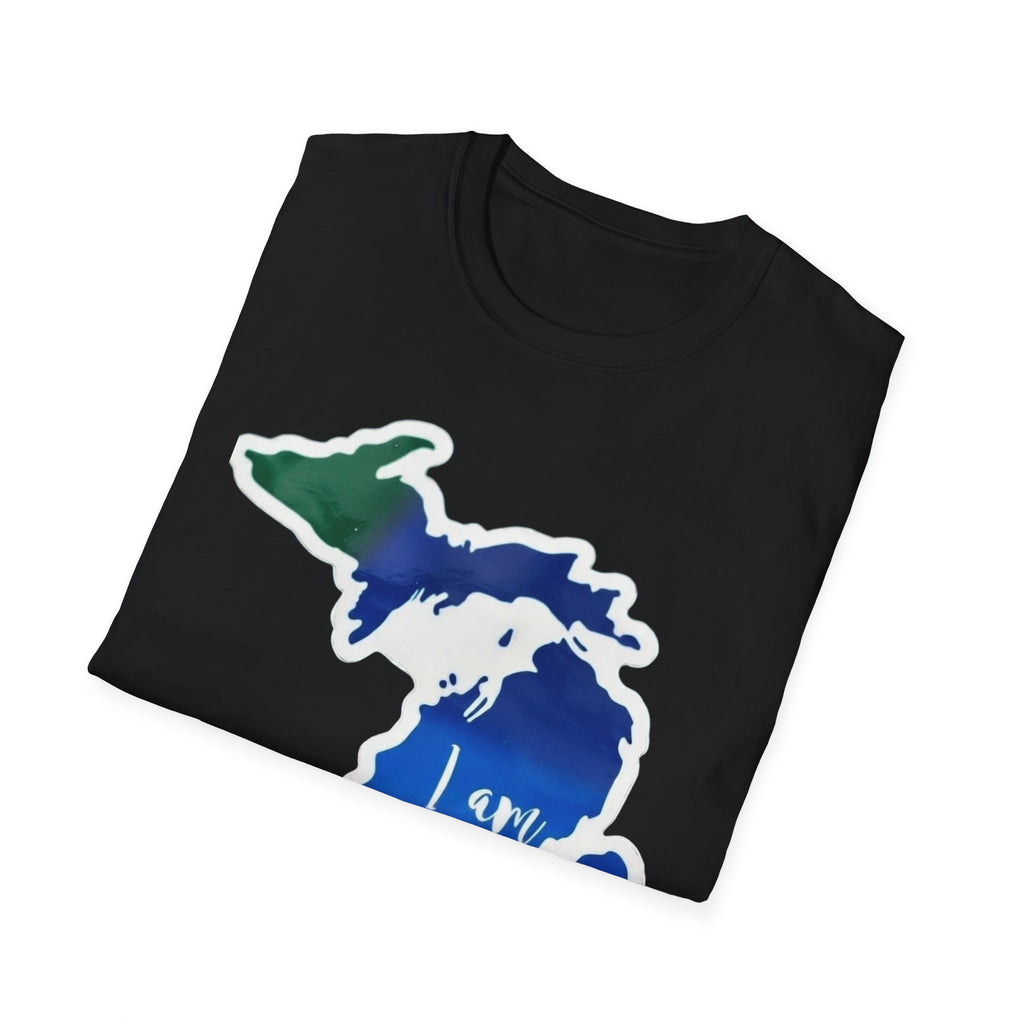 Black T-shirt with Michigan map graphic and red heart on the chest